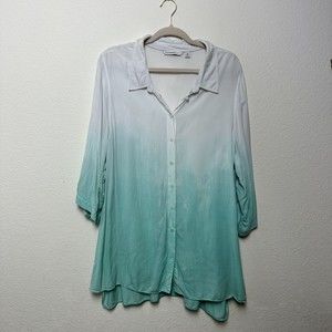 Isaac Mizrahi Dip Die Aqua Button Down Size 2X 100% Rayon 3/4 Sleeve Button-Up